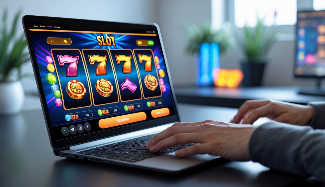 Sebuah laptop menampilkan permainan slot online dengan latar ruang kerja modern dan terang.