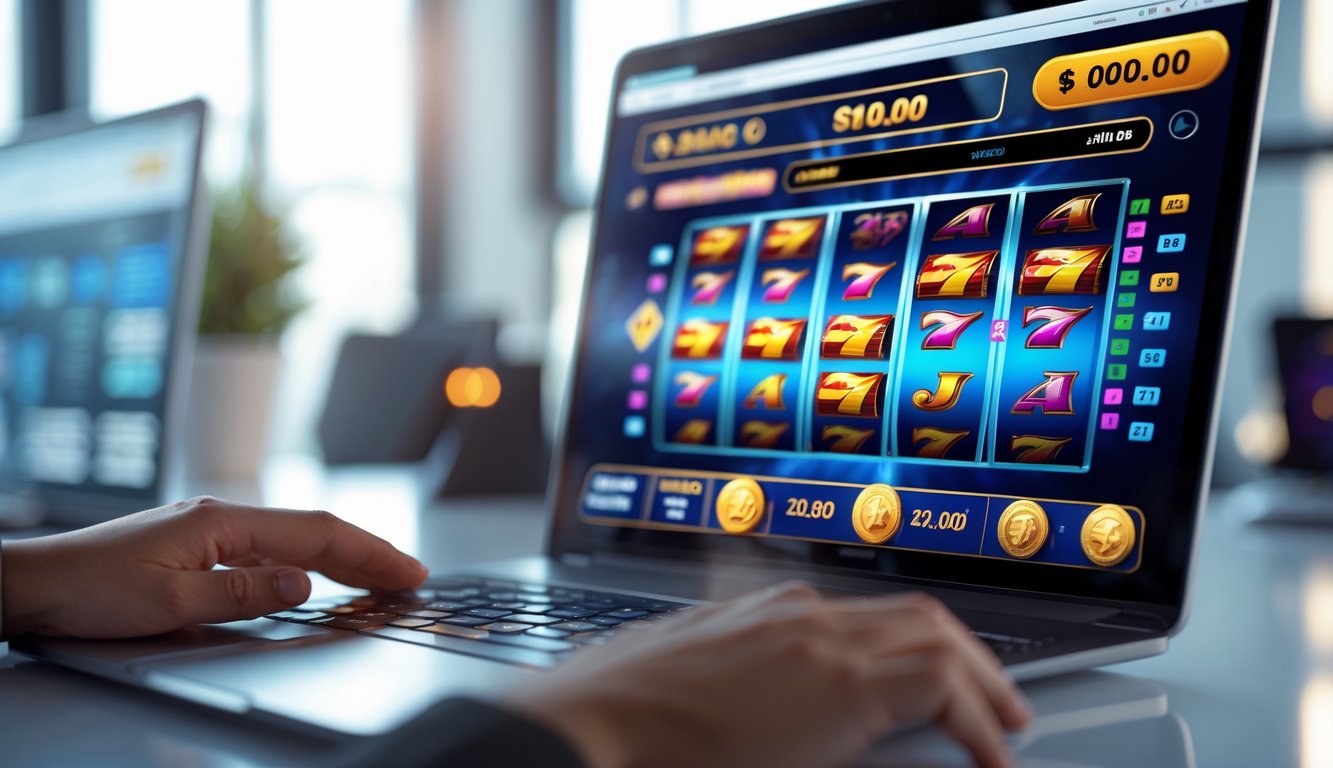 Seorang pengguna sedang bermain mesin slot online di layar komputer dengan latar belakang ruang kerja yang rapi.