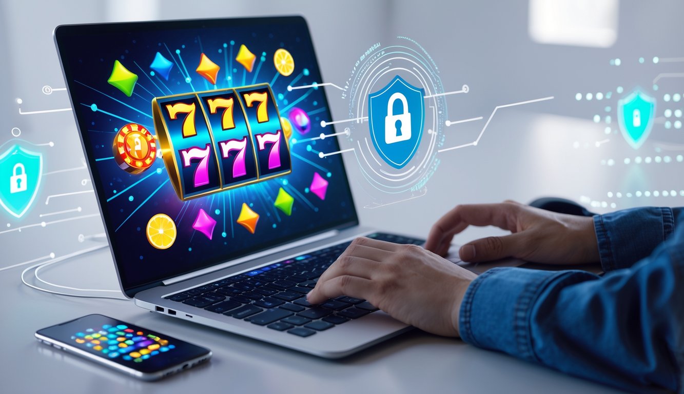 Seorang pengguna sedang menggunakan laptop dengan tampilan permainan slot online di layar dalam ruang kerja modern.