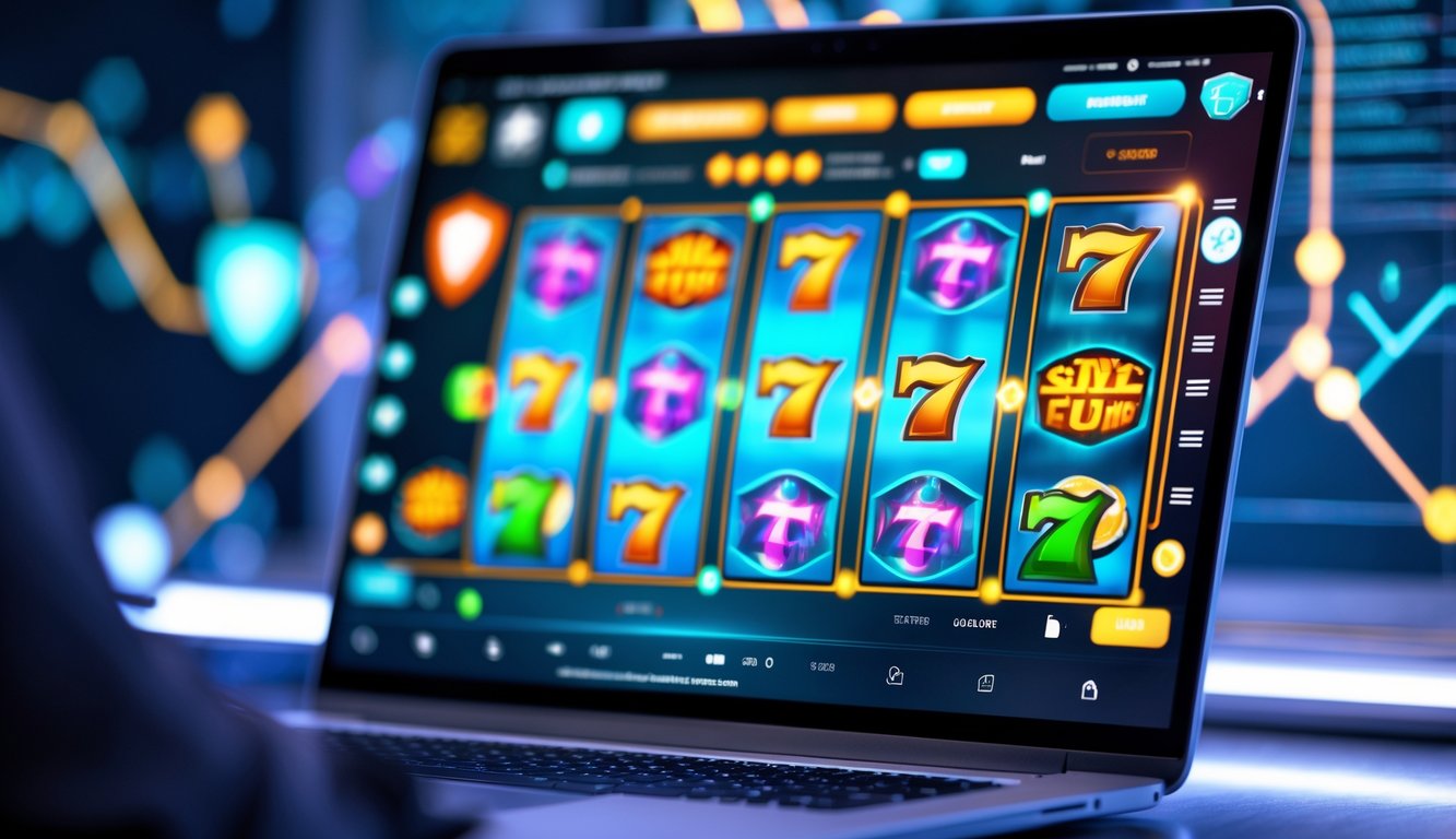 Tampilan layar komputer dengan permainan slot online berwarna cerah dan simbol keamanan di latar belakang digital.