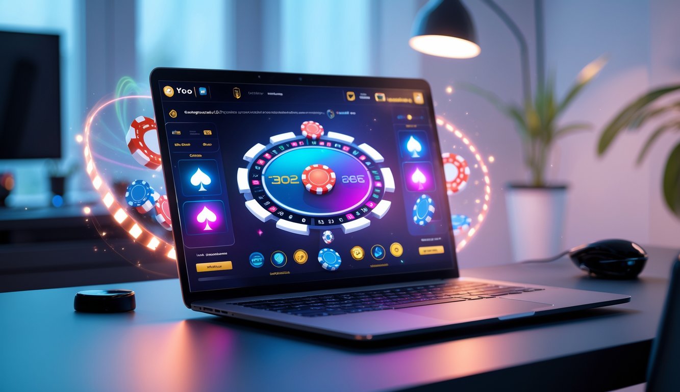 Seorang pemain poker online menggunakan laptop di ruangan modern dengan suasana yang nyaman dan pencahayaan lembut.