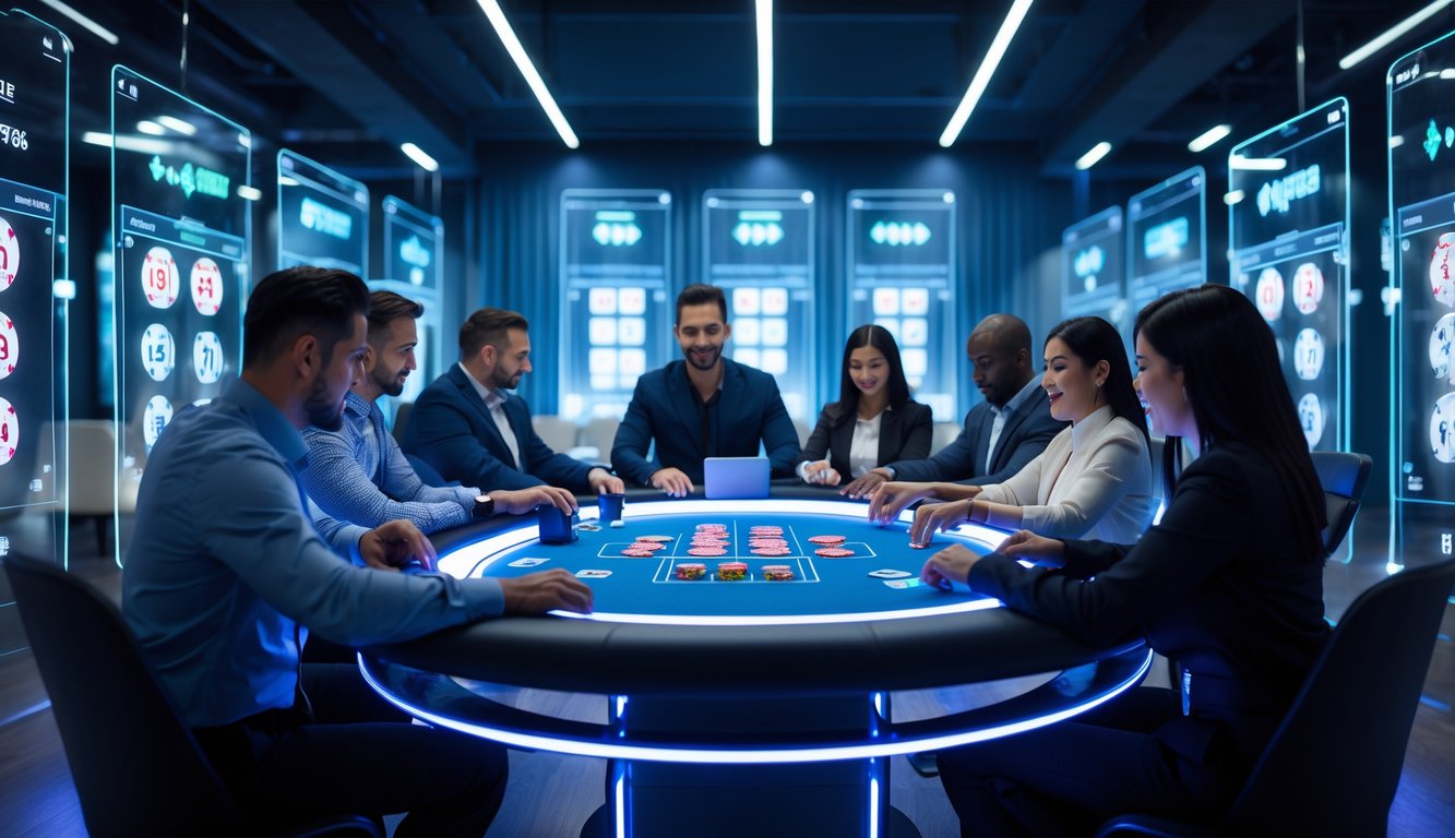 Orang-orang bermain poker online di meja digital futuristik dengan layar holografik dan suasana ruangan berteknologi tinggi.