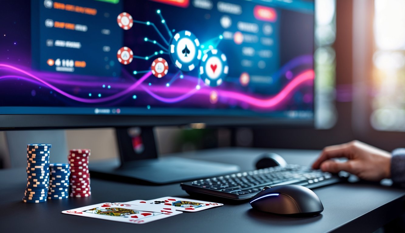 Sebuah meja kerja dengan komputer yang menampilkan permainan poker online, tumpukan chip poker, dan kartu remi di atas meja.