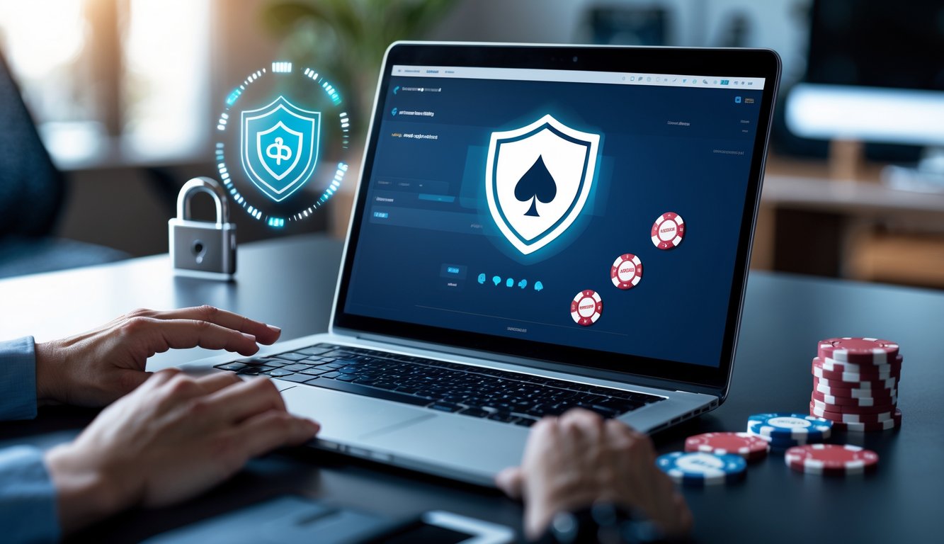 Seorang pria menggunakan laptop dengan tampilan permainan poker online dan simbol keamanan di meja kerja modern.