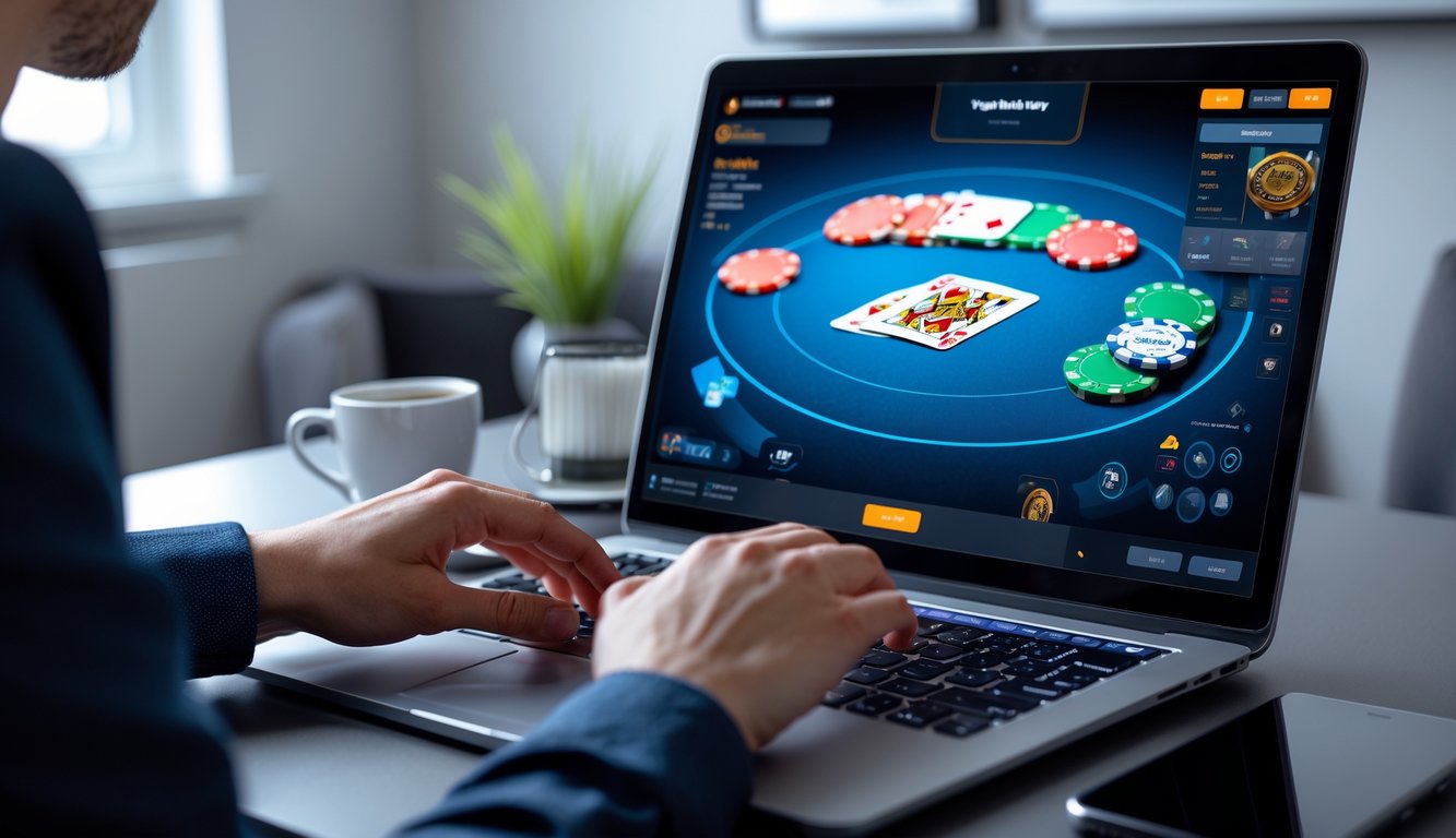 Seseorang bermain poker online di depan komputer dengan kartu dan chip poker terlihat di layar.