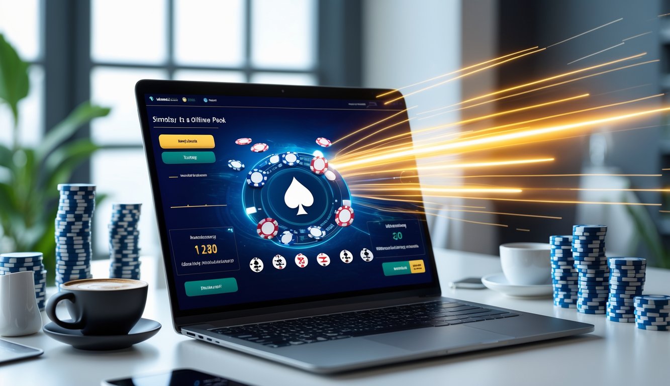 Seorang pemain poker online menggunakan komputer dengan layar menampilkan permainan poker dan tumpukan chip di meja.