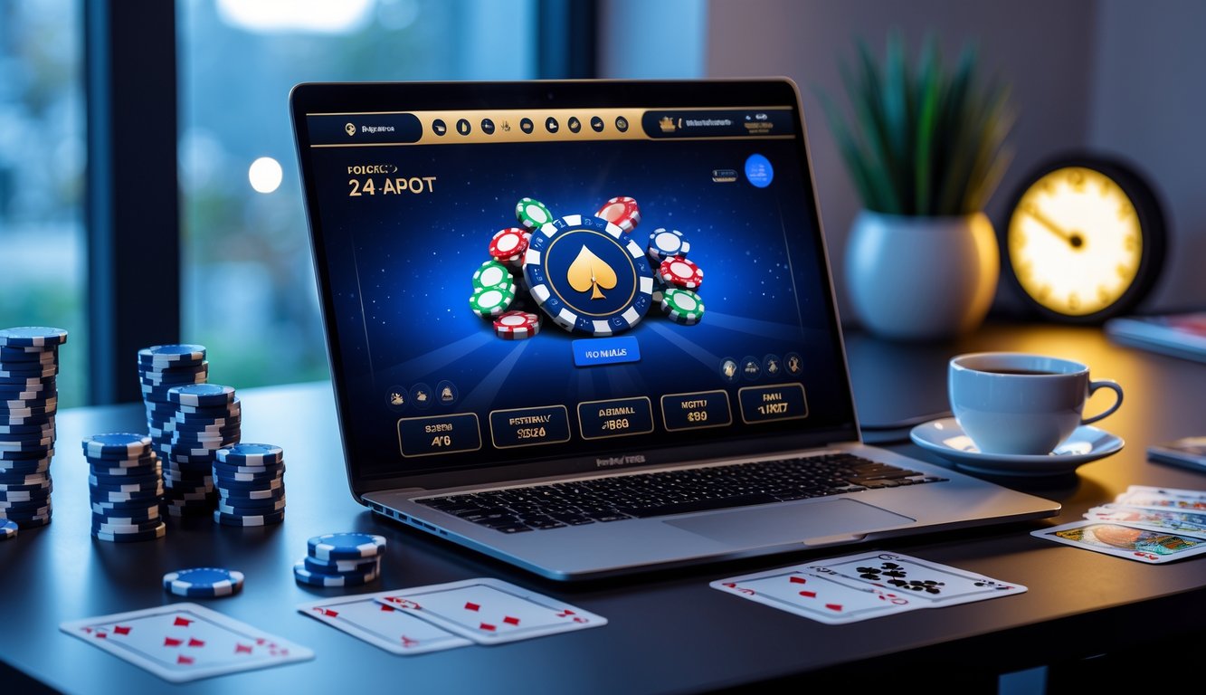 Meja kerja dengan laptop yang menampilkan permainan poker online, tumpukan chip poker, kartu bermain, dan cangkir kopi di ruangan yang terang.
