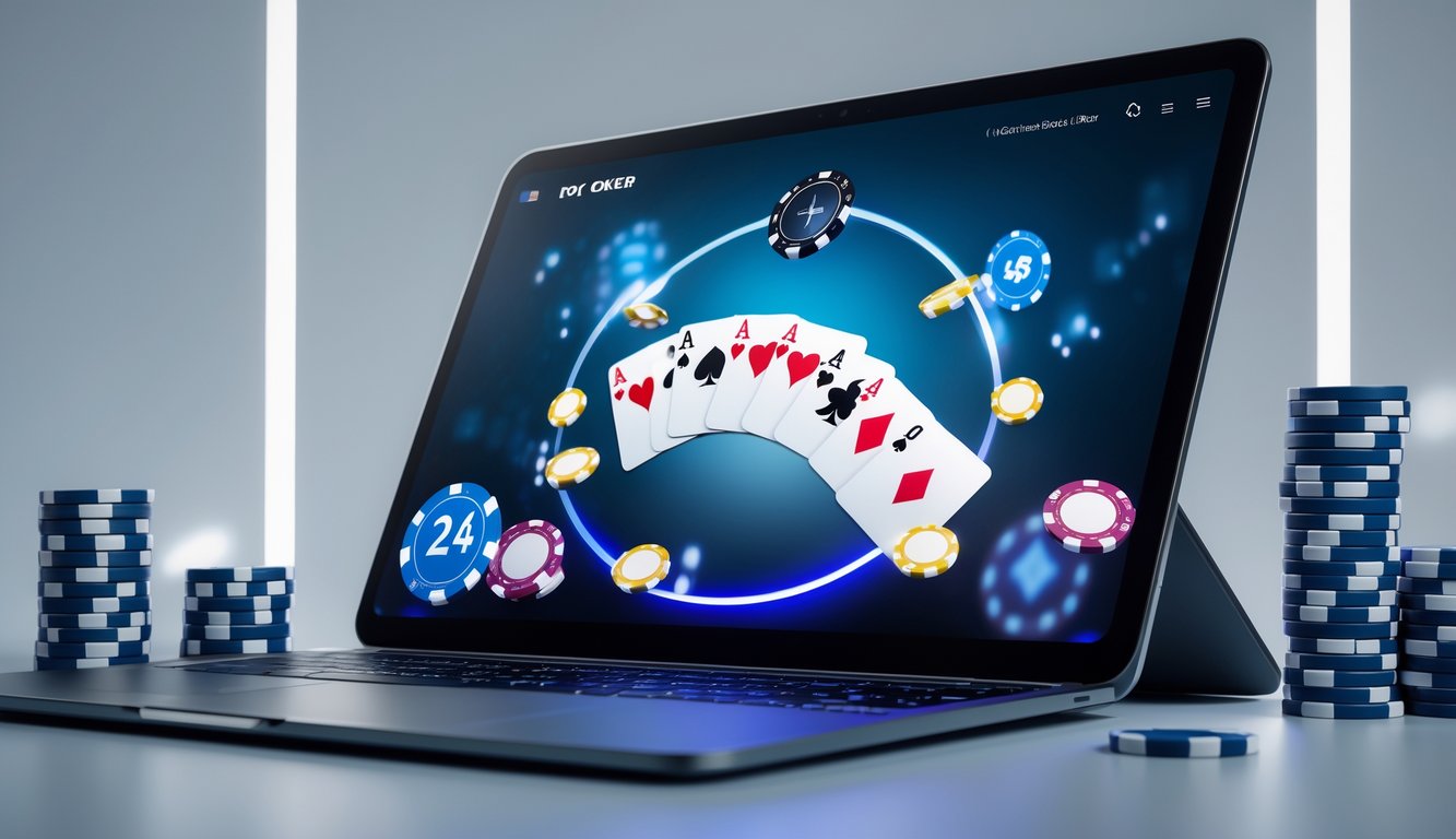 Layar perangkat digital menampilkan permainan poker online dengan kartu dan chip, dikelilingi ikon jam dan tumpukan chip, menunjukkan situs poker tanpa potongan dengan pembaruan 24 jam dan pembayaran tinggi.