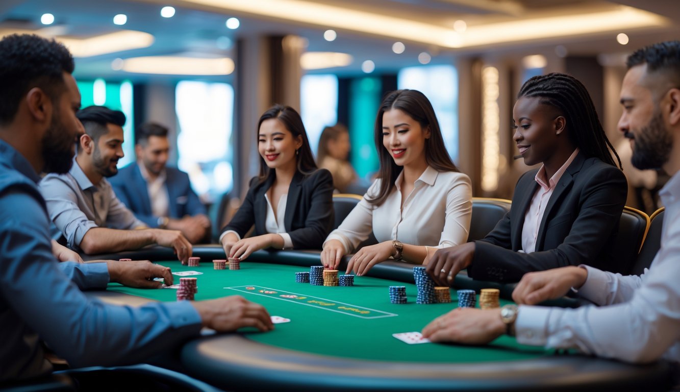 Beberapa orang bermain poker di meja dengan chip dan kartu di lingkungan kasino yang mewah.