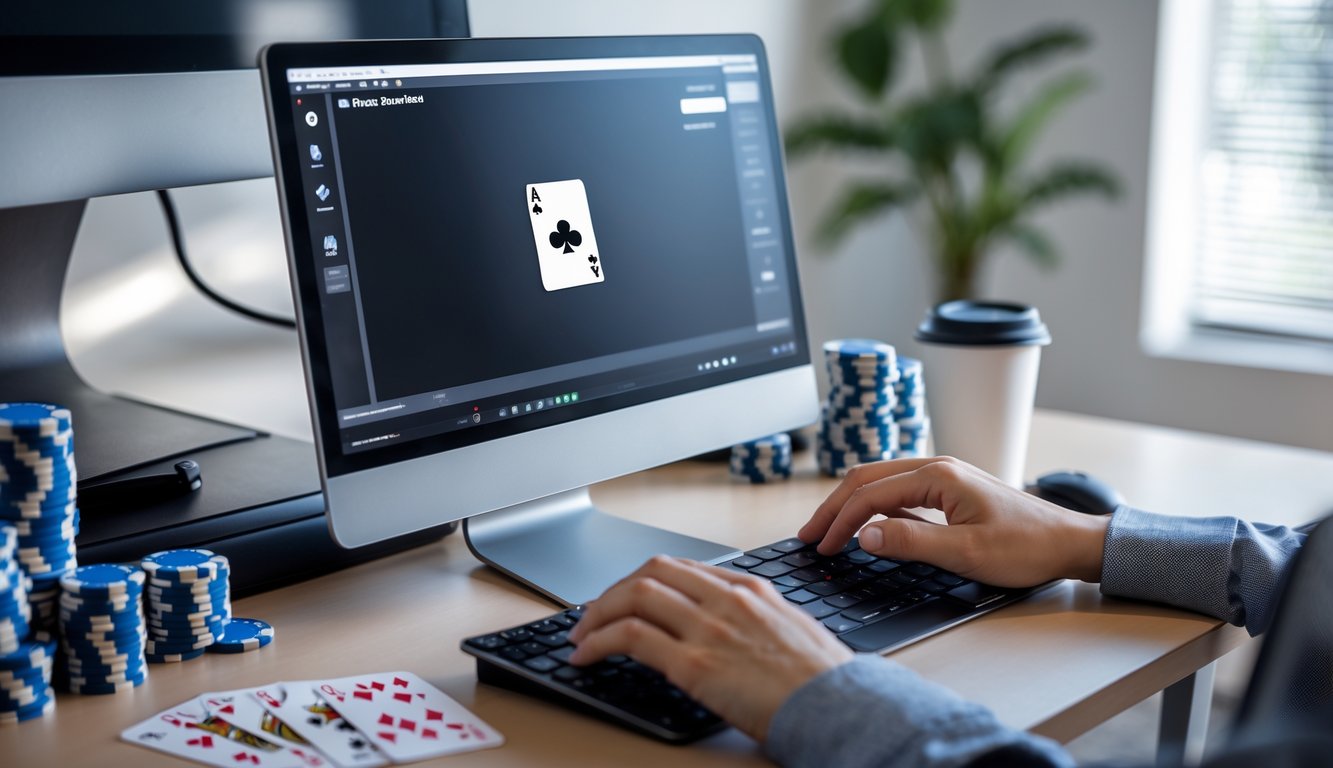 Seorang pemain poker sedang menggunakan komputer dengan meja yang rapi berisi chip poker dan kartu bermain.