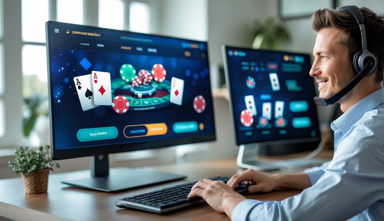 Seorang pria fokus bermain poker online di depan komputer dengan suasana kantor yang rapi dan pencahayaan terang.