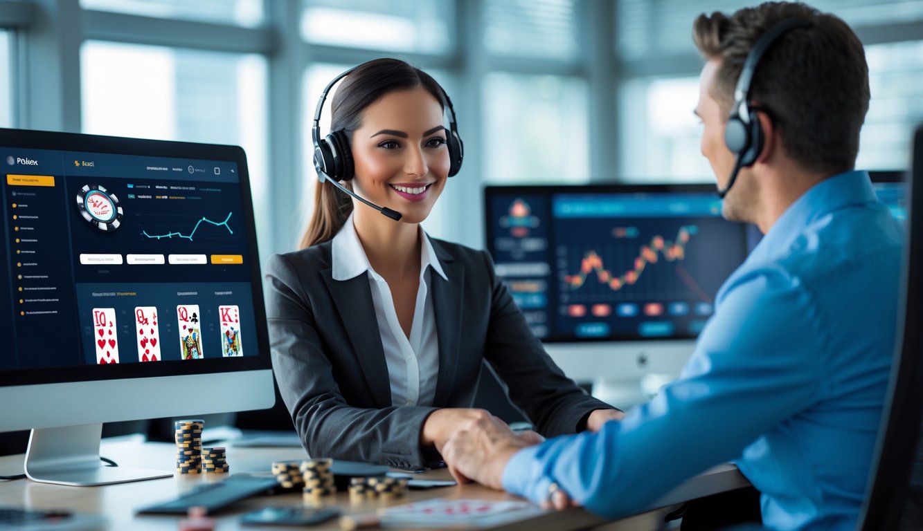 Seorang petugas layanan pelanggan sedang tersenyum dan memakai headset di kantor modern dengan layar komputer yang menampilkan permainan poker online.
