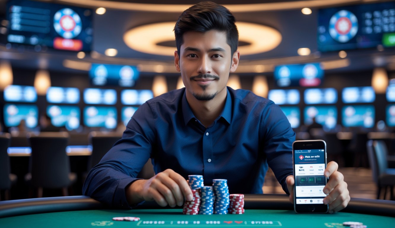 Seorang pria muda duduk di meja poker modern dengan chip poker dan smartphone di tangan, di ruang permainan poker online yang terang dan bergaya.
