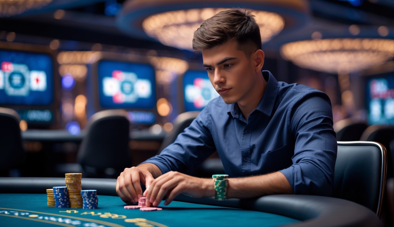 Seorang pria muda fokus duduk di meja poker dengan tumpukan chip di depan, di lingkungan kasino modern.