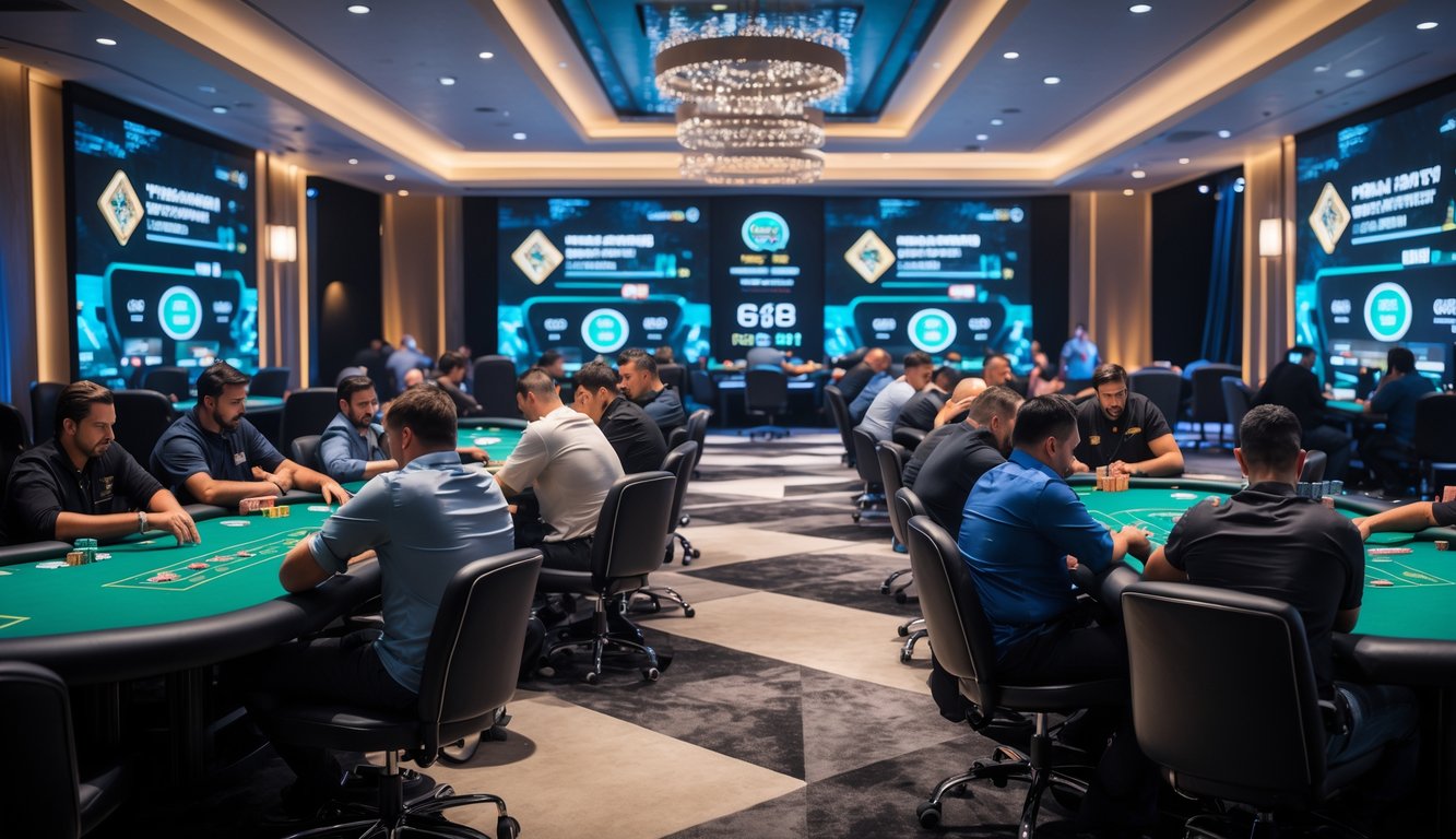 Suasana turnamen poker besar dengan pemain serius di meja poker di dalam ruangan kasino yang terang dan modern.