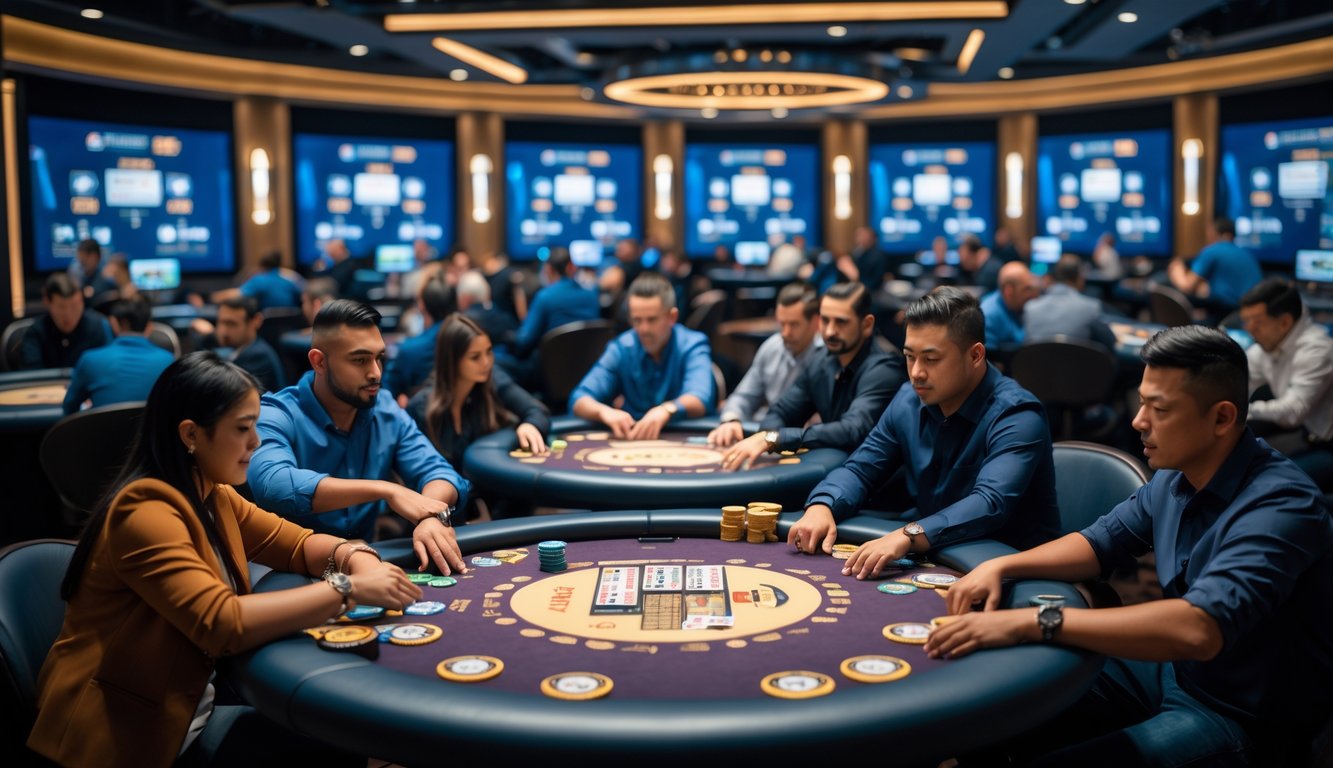 Beberapa orang bermain poker di meja kasino dengan suasana turnamen yang ramai dan profesional.
