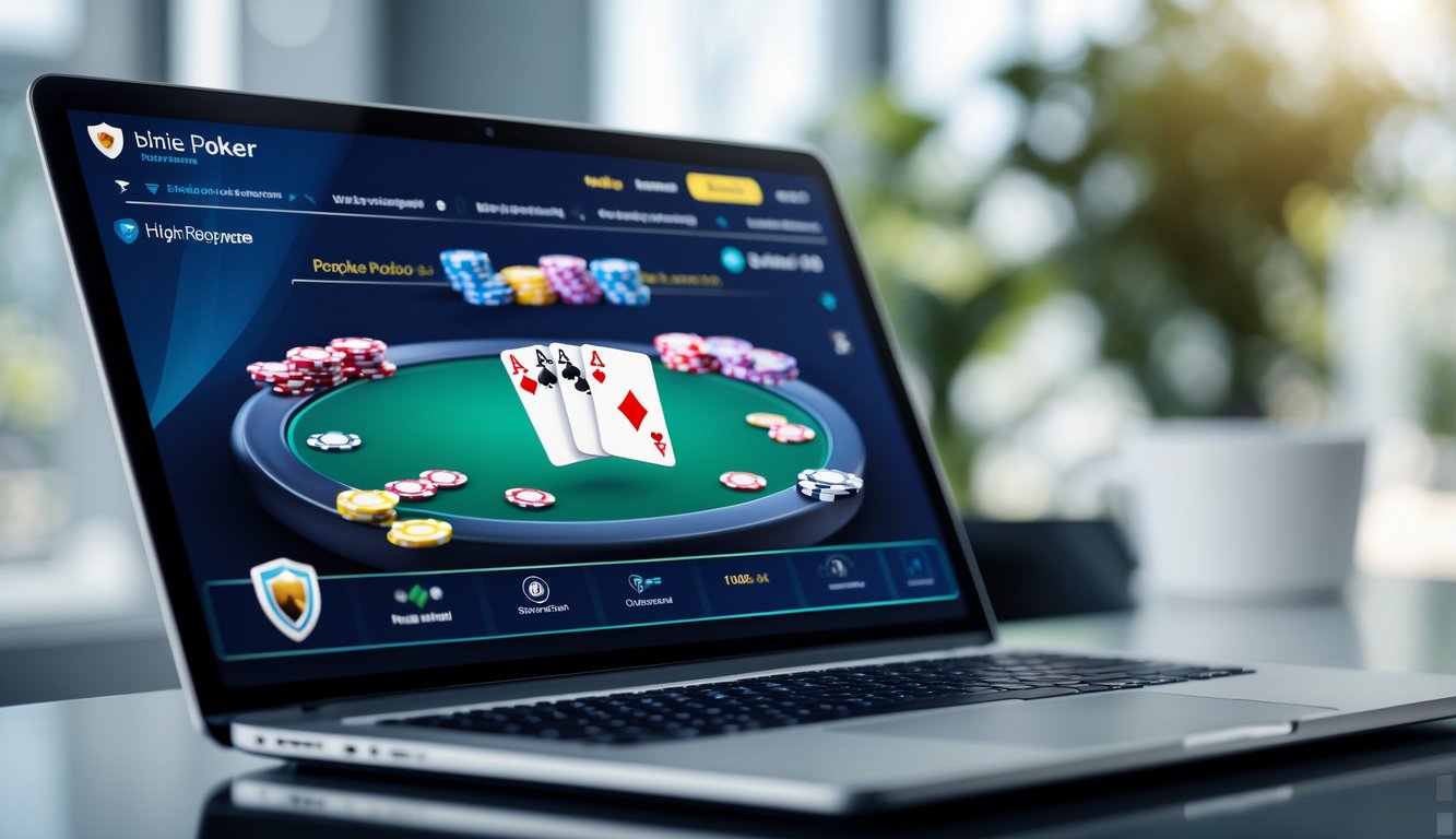 Seseorang bermain poker online di komputer dengan tampilan permainan poker yang jelas dan aman.