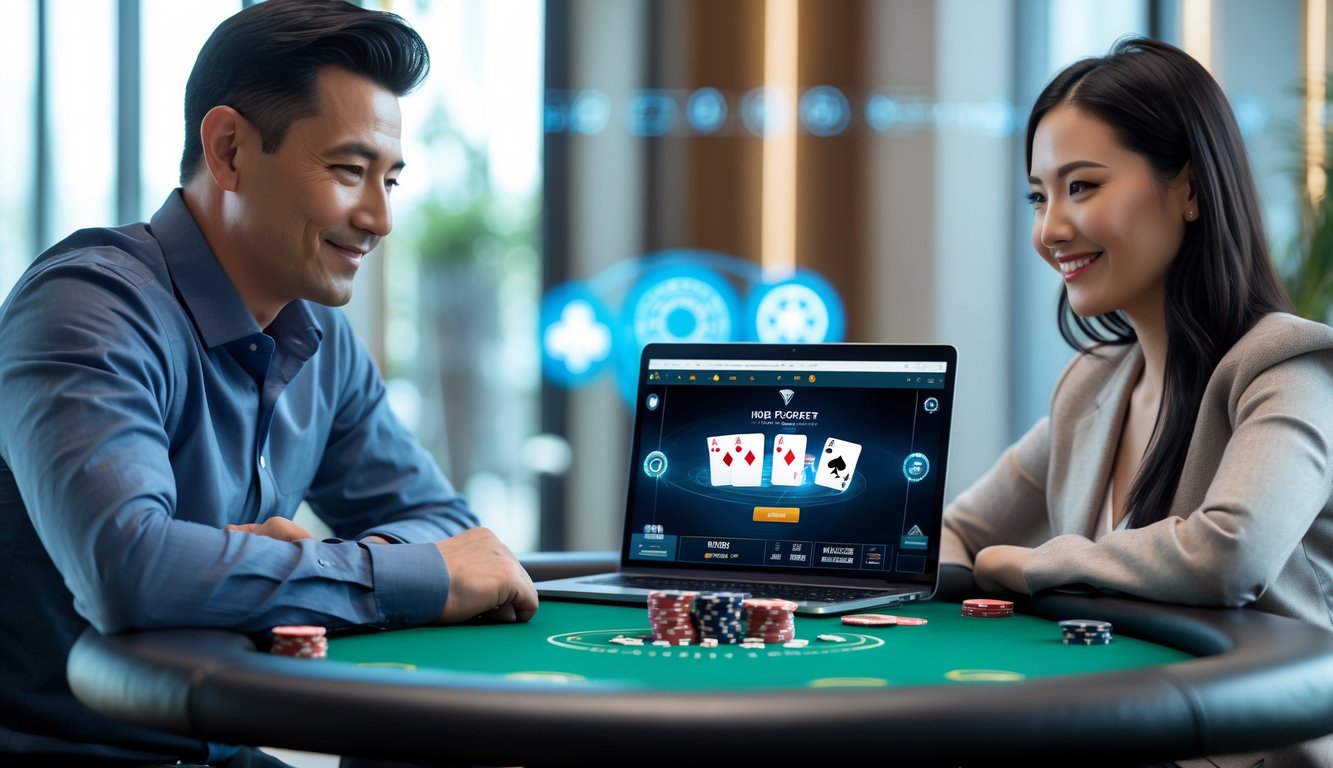 Dua orang dewasa duduk di meja poker dengan laptop, bermain poker online di lingkungan yang aman dan nyaman.