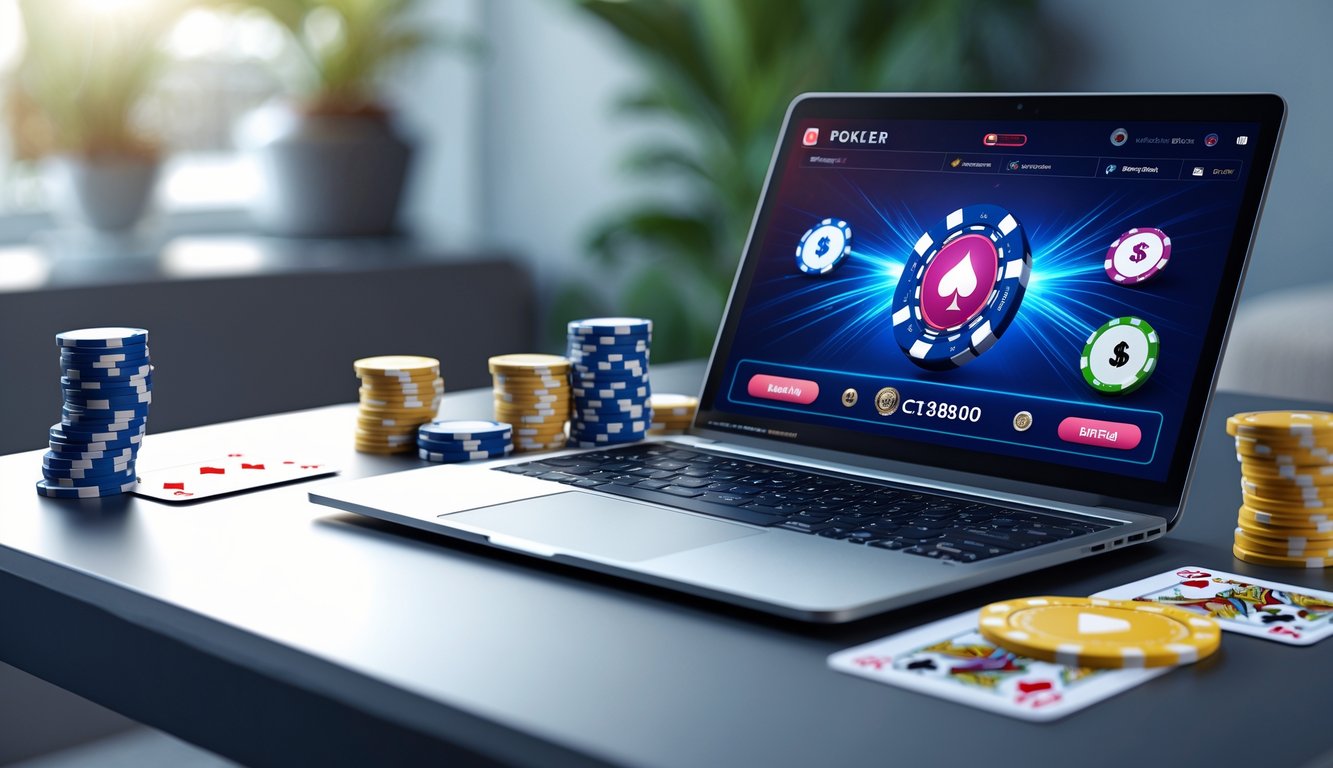 Seorang pemain poker online sedang menggunakan laptop dengan chip poker dan kartu di meja, di ruang kerja yang nyaman.