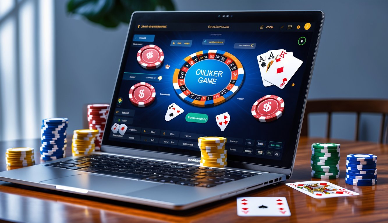 Sebuah meja kayu dengan laptop yang menampilkan permainan poker online, dikelilingi oleh tumpukan chip poker dan kartu remi.