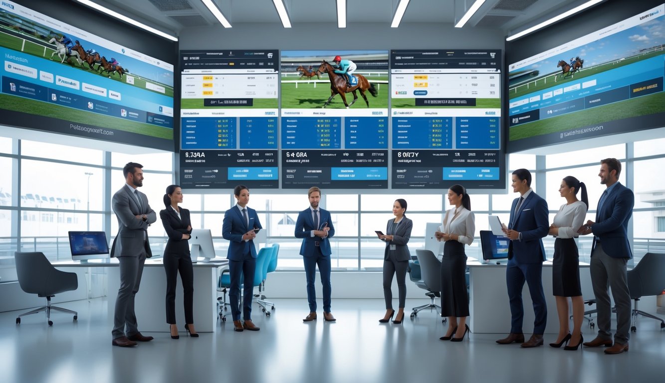 Suasana kantor modern dengan beberapa orang profesional yang memantau balapan kuda secara online menggunakan komputer dan tablet.