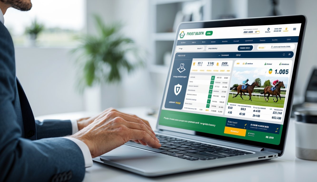 Seseorang menggunakan laptop dengan tampilan taruhan balap kuda online di lingkungan kantor modern yang terang dan rapi.