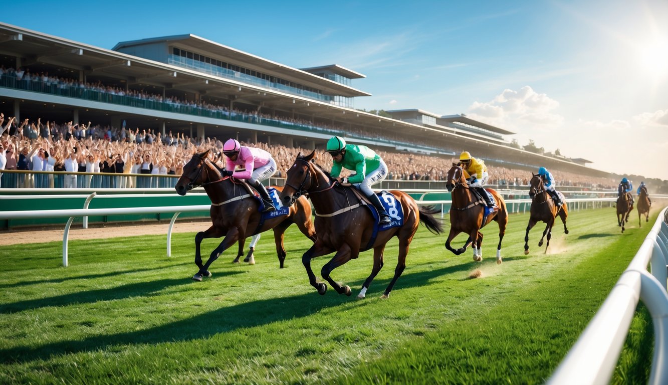 Beberapa kuda pacu dengan joki sedang berlari di lintasan balap kuda dengan penonton ramai di tribun.