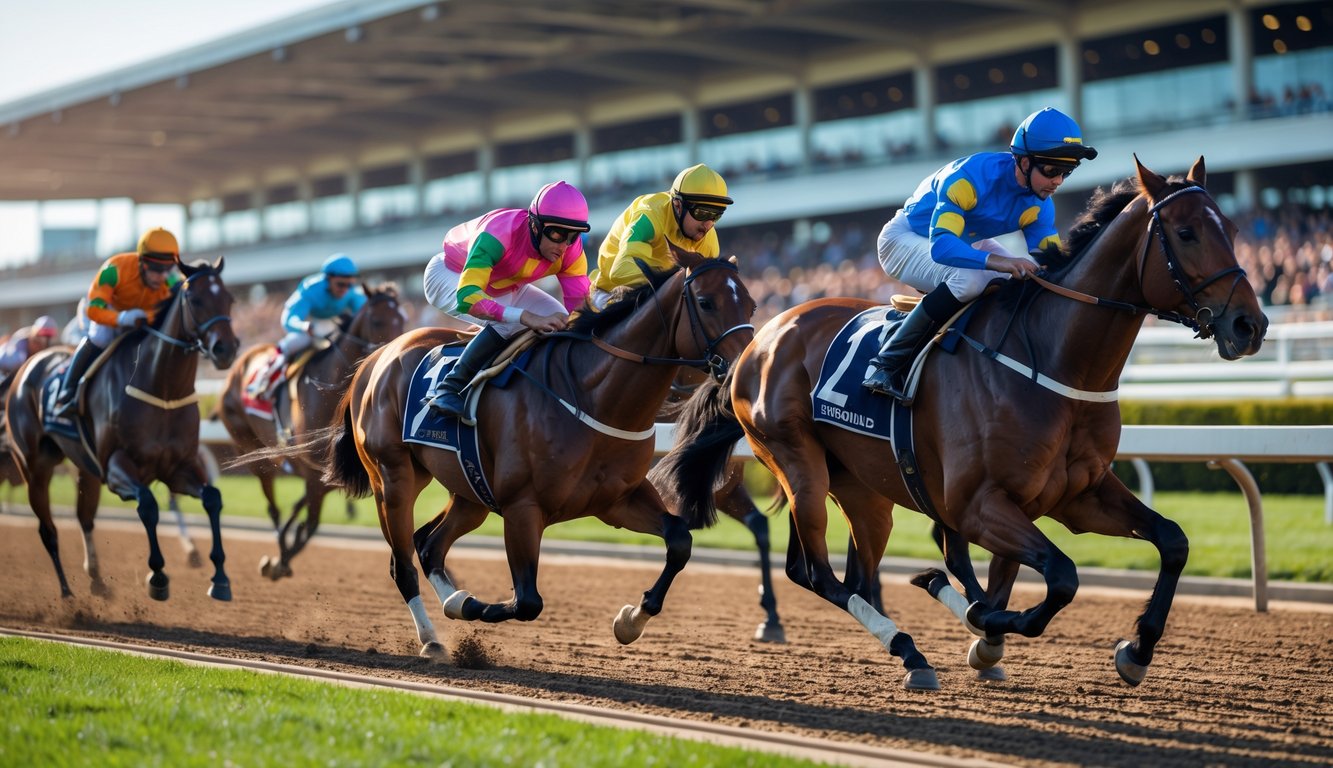 Beberapa kuda pacuan dengan joki sedang berlari kencang di lintasan balap dengan tribun penonton di latar belakang.