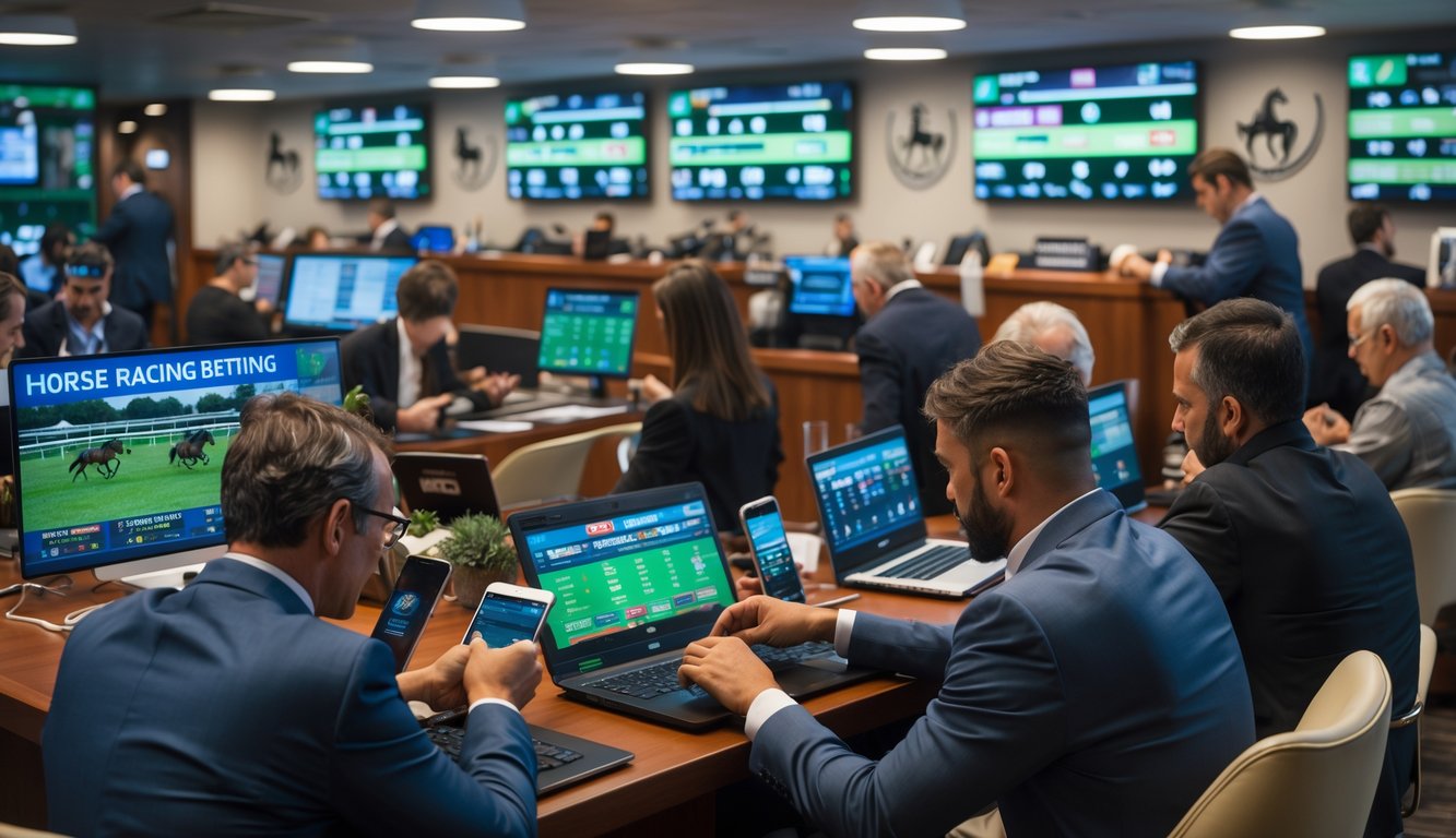 Sekelompok orang di ruang taruhan balap kuda yang modern dan terpercaya, sedang menggunakan perangkat elektronik dan berdiskusi.