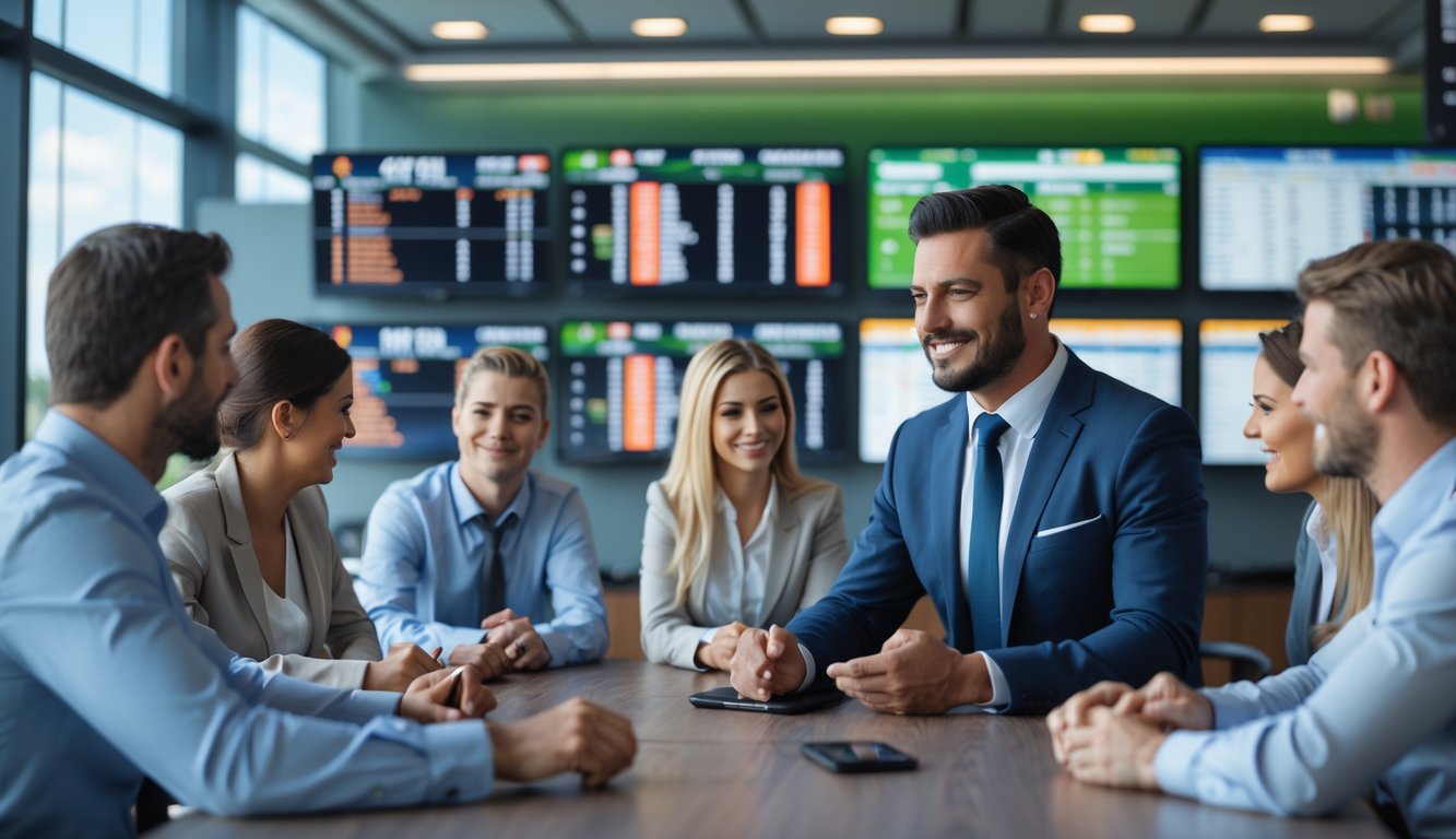 Seorang agen judi balap kuda yang profesional sedang berbicara dengan beberapa pemain di kantor modern dengan layar menampilkan data balap kuda.