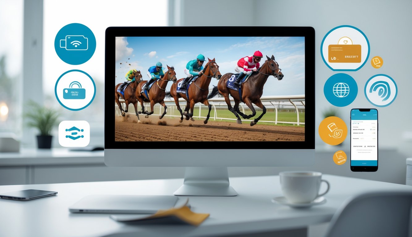 Seorang pria menggunakan komputer menonton balap kuda online dengan simbol pembayaran digital di meja kerja.