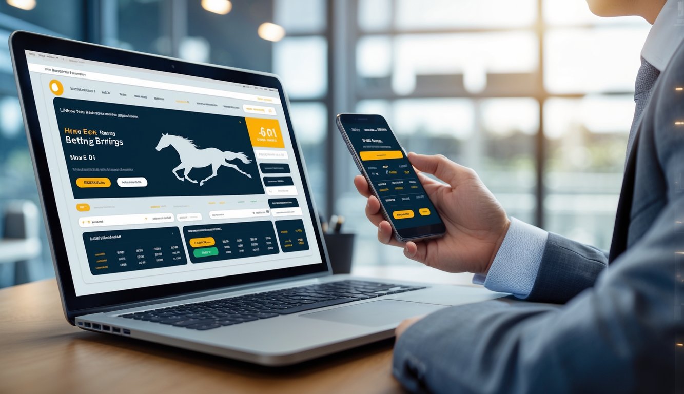 Seseorang menggunakan laptop dan ponsel untuk memasang taruhan balap kuda online di ruang kerja modern.