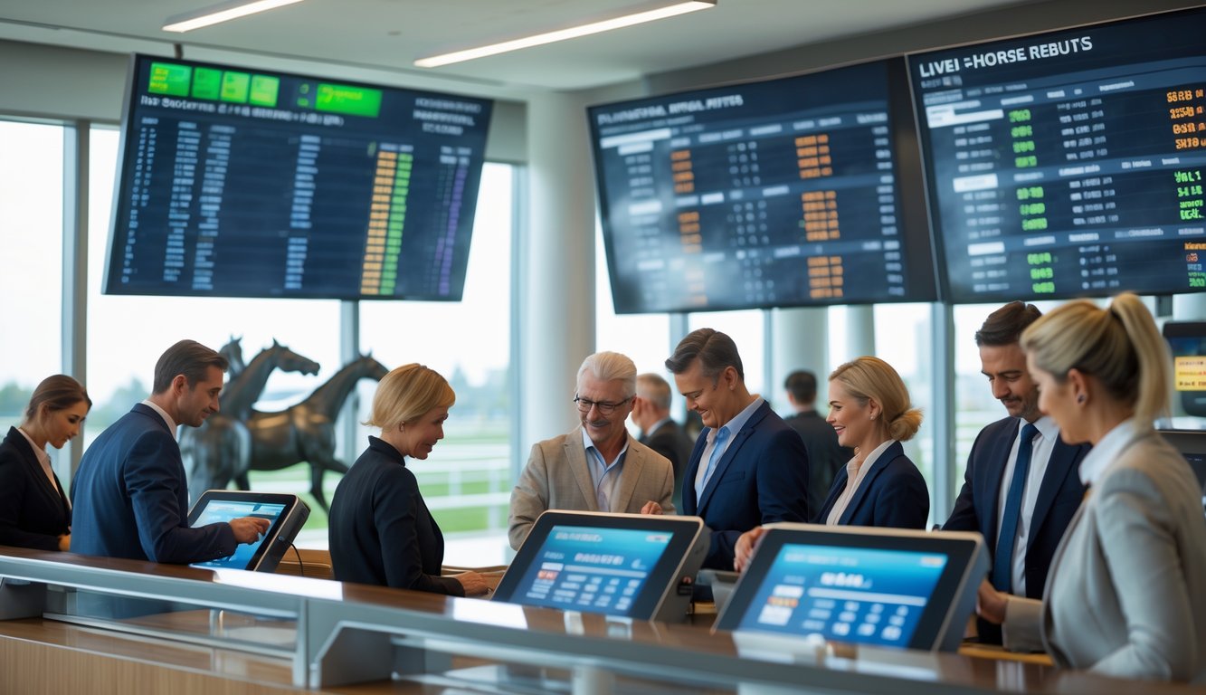 Orang-orang di kantor agen taruhan balap kuda sedang menggunakan layar digital untuk melihat hasil balapan secara langsung.