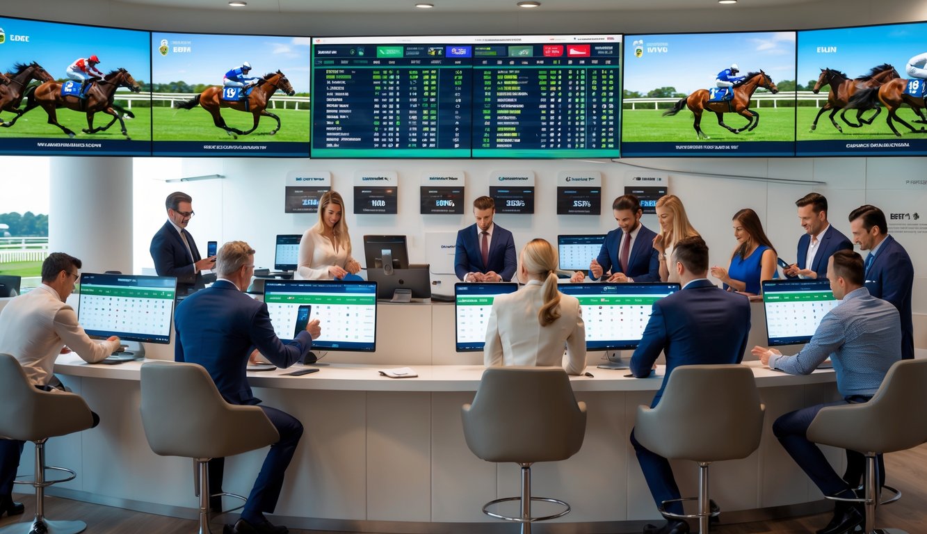Orang-orang sedang memasang taruhan balap kuda di kantor taruhan dengan layar besar menampilkan hasil balapan secara langsung.