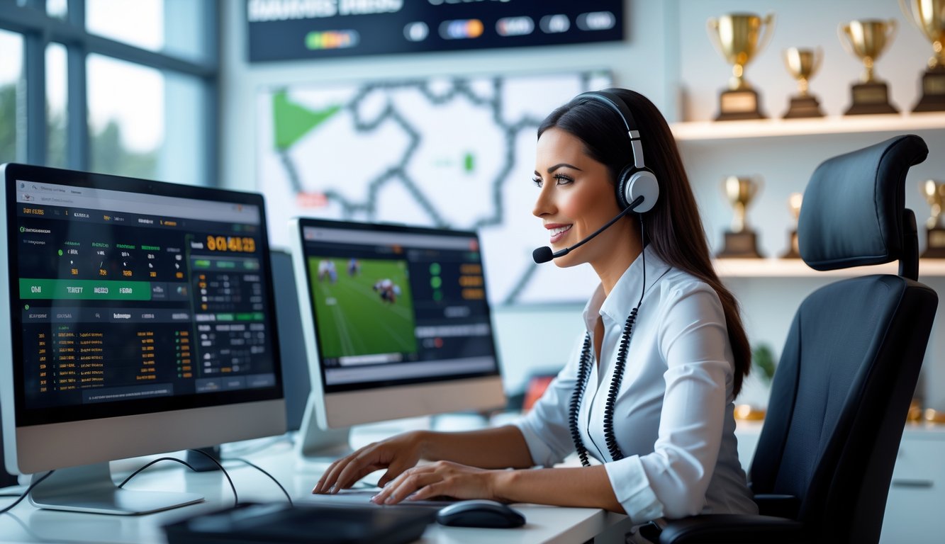 Seorang staf layanan pelanggan sedang membantu klien melalui panggilan video di kantor modern dengan layar komputer yang menampilkan data balap kuda.