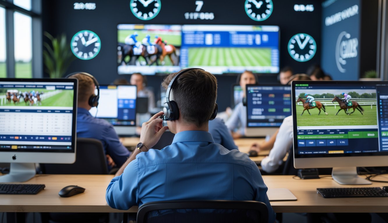 Suasana kantor agen judi balap kuda online dengan staf yang melayani pelanggan menggunakan komputer dan headset.