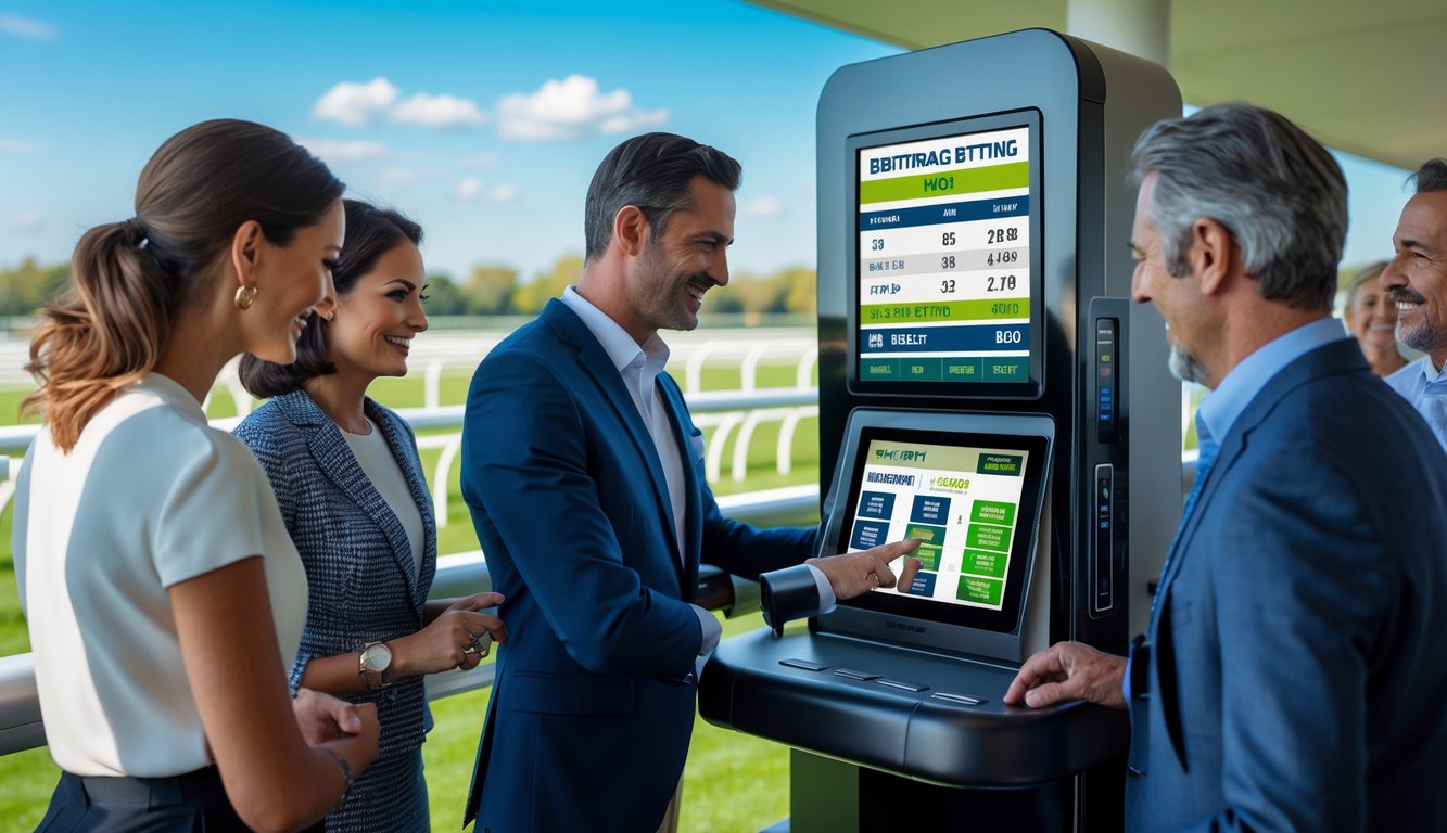 Sekelompok orang dewasa sedang menggunakan kios taruhan balap kuda dengan latar belakang arena balap dan kuda sedang berlari.