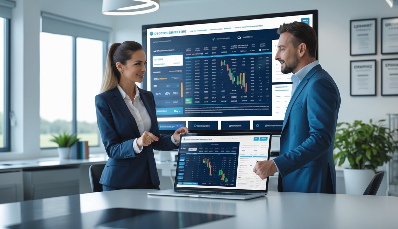 Dua orang profesional sedang berdiskusi di kantor modern dengan layar digital yang menampilkan statistik balap kuda.