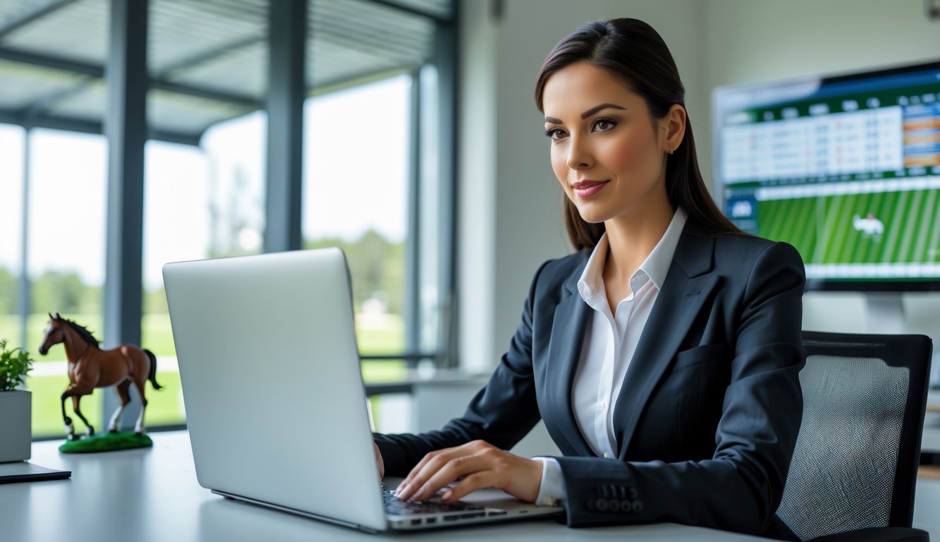 Seorang wanita profesional sedang menggunakan laptop di kantor modern dengan dekorasi bertema balap kuda.