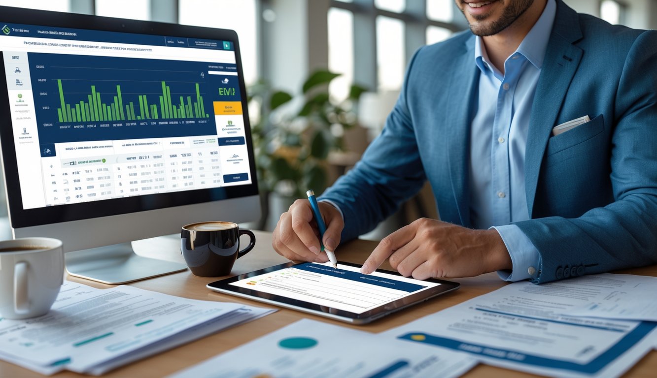 Seseorang sedang mengisi formulir pendaftaran agen judi balap kuda di kantor modern dengan komputer dan dokumen di meja.