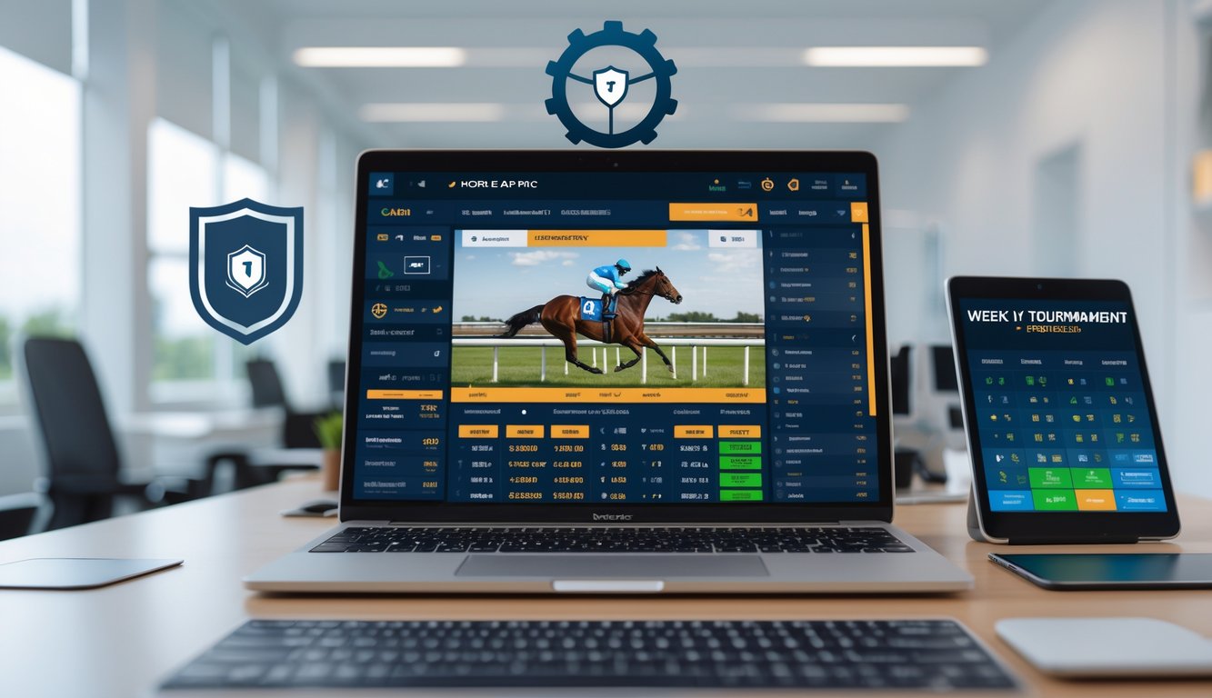 Seorang pengguna sedang melihat layar komputer dengan tampilan balap kuda online dan jadwal turnamen mingguan di meja kerja.