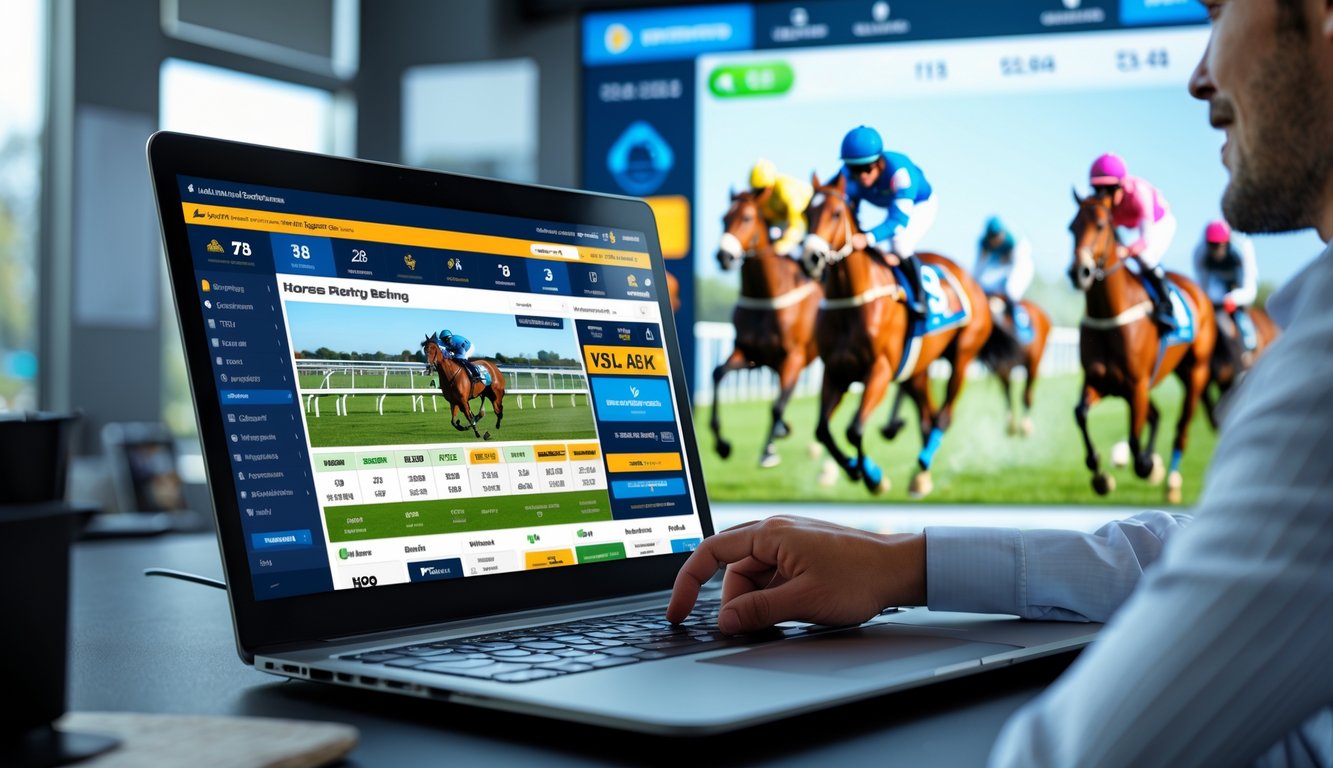 Seorang profesional menggunakan laptop dengan tampilan balap kuda online dan layar besar menampilkan balapan kuda yang sedang berlangsung.