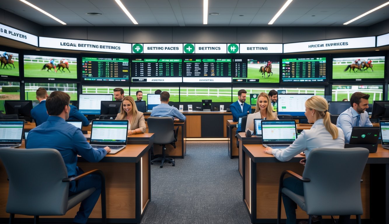 Suasana kantor taruhan balap kuda resmi dengan pemain profesional yang sedang menganalisis dan memasang taruhan menggunakan perangkat elektronik.