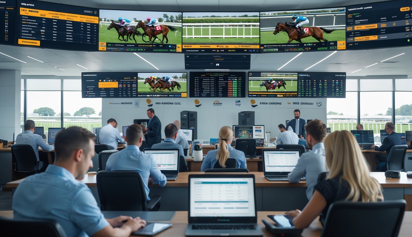 Seorang profesional sedang memasang taruhan pada balap kuda di kantor taruhan resmi dengan layar besar yang menampilkan balapan langsung.