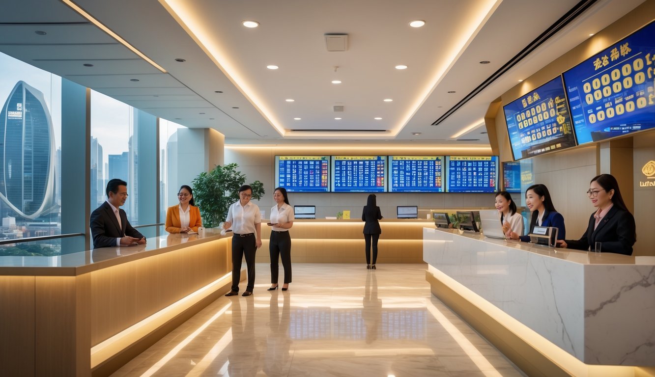 Suasana kantor lotere modern di Macau dengan pelanggan dan staf yang ramah di area resepsionis yang terang dan rapi.