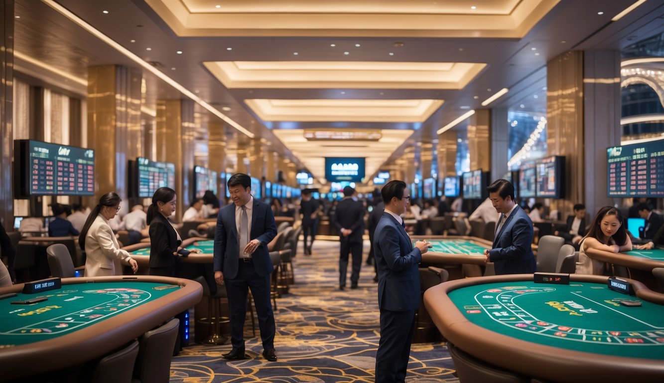 Suasana kasino modern di Macau dengan orang-orang bermain di meja judi dan latar kota Macau terlihat melalui jendela besar.