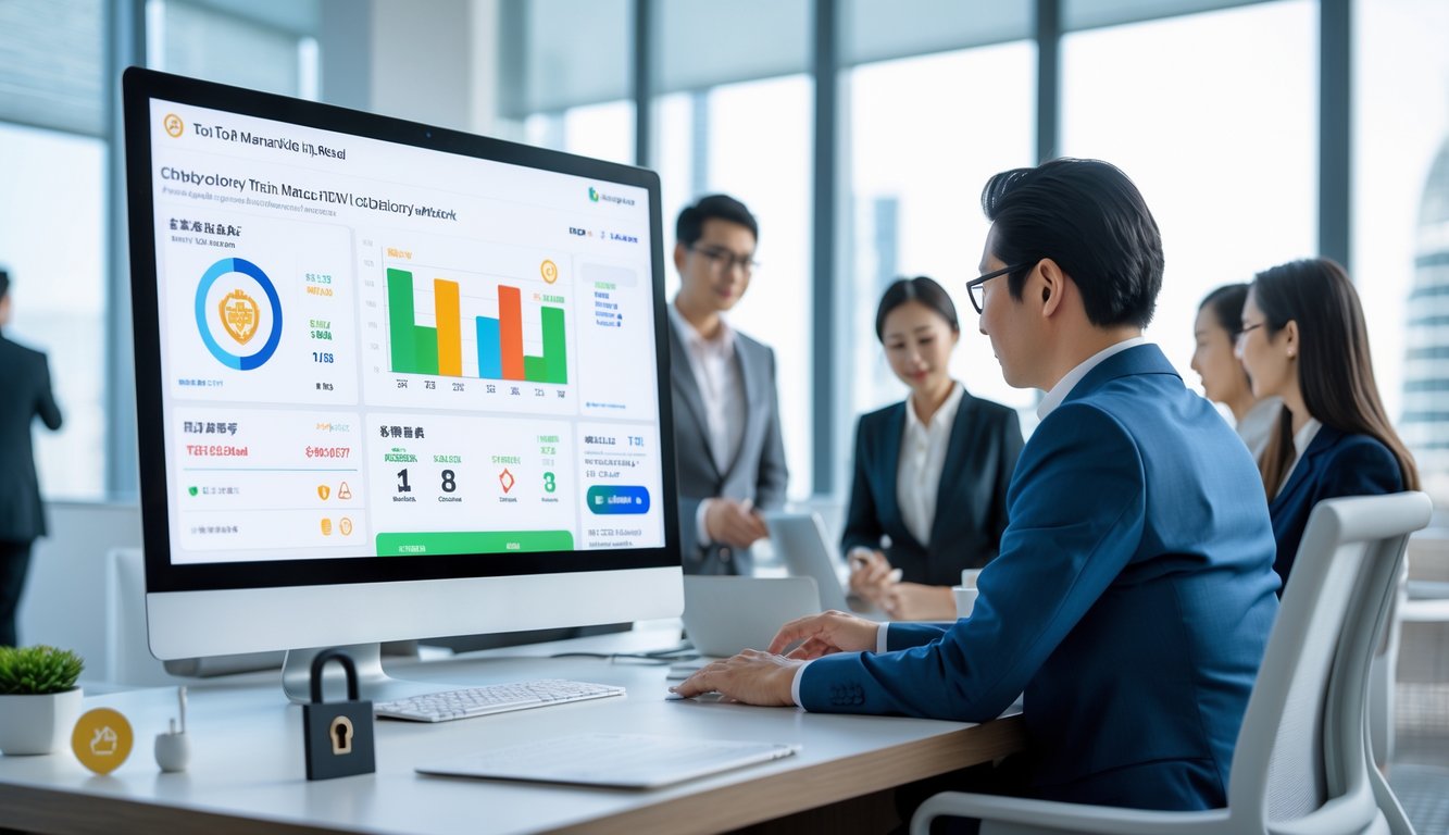 Sebuah kantor modern dengan layar komputer menampilkan antarmuka platform lotere resmi, dikelilingi oleh orang-orang yang bekerja sama dalam suasana yang aman dan profesional.