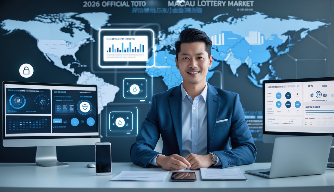 Seorang profesional bisnis duduk di meja kerja dengan beberapa layar digital menampilkan data dan grafik, menggambarkan layanan lotere resmi dan aman di Macau.