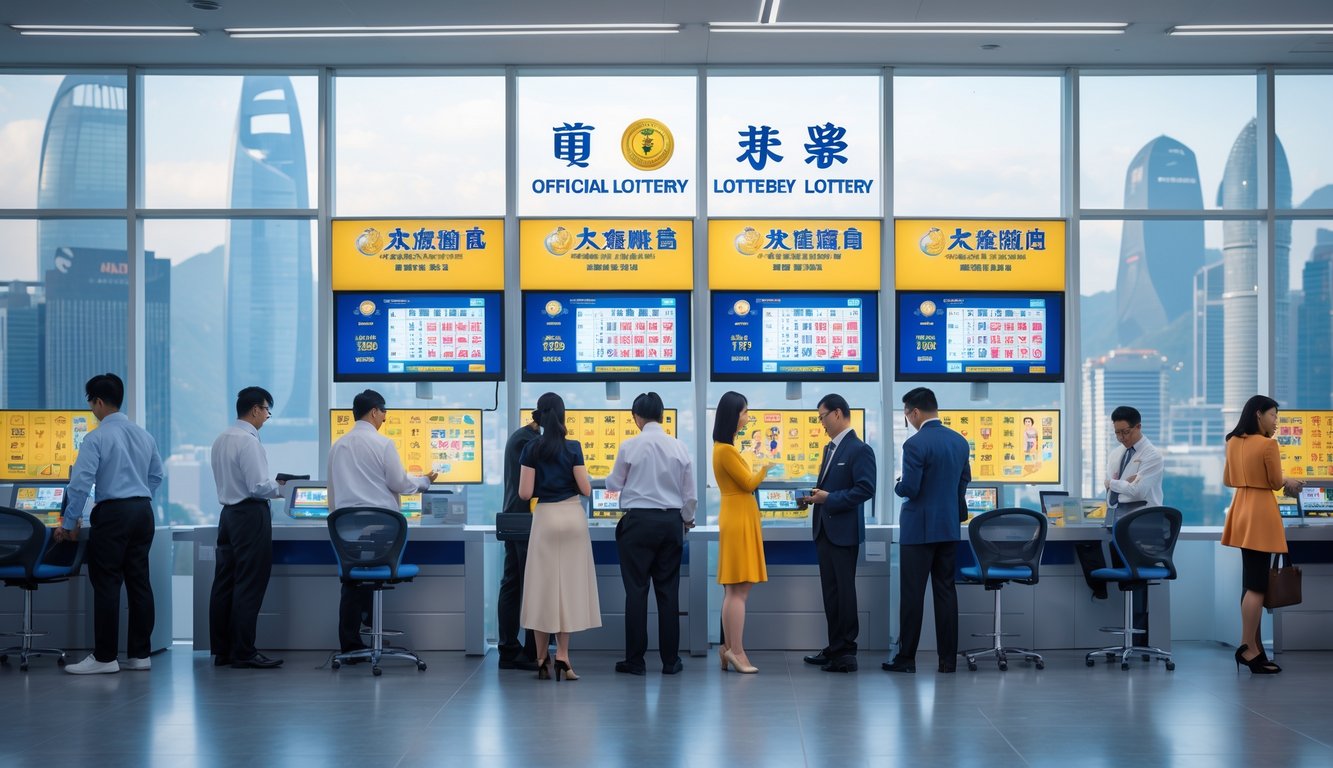 Orang-orang di kantor lotere resmi di Macau sedang memeriksa hasil dan mengisi tiket lotere.