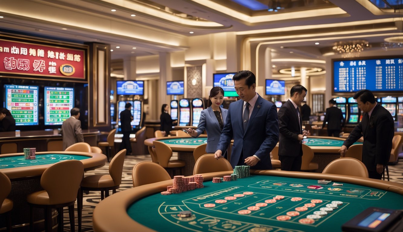 Suasana kasino modern dan mewah dengan pemain yang sedang bermain di meja taruhan di Macau.